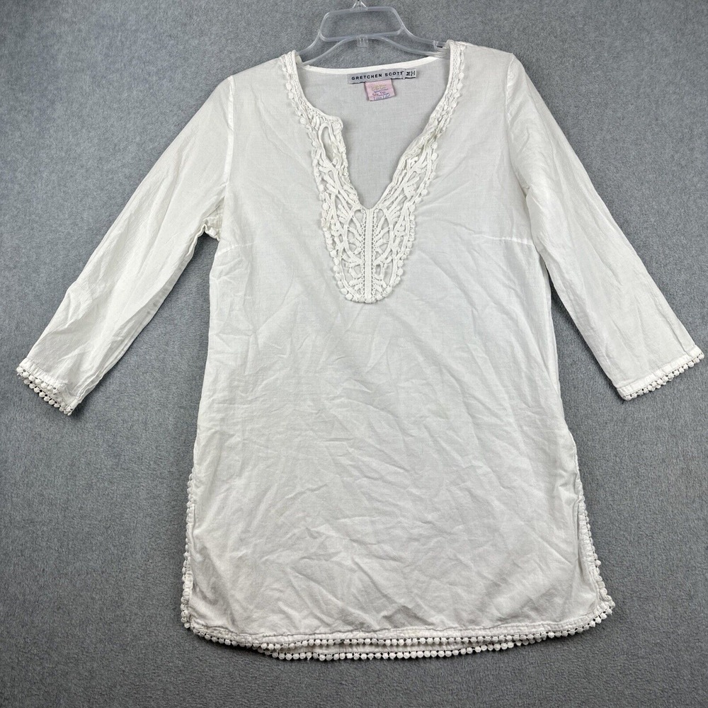 Gretchen Scott Shirt Womens M White Long V Neck Boho Long Blouse Top Lightweight